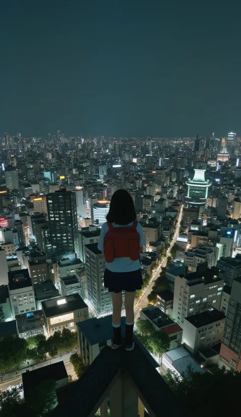 live-action、Genuine、 The cityscape of Osaka taken from a high place with a fisheye lens、It looks like a small planet、Osaka Castle、Night view with lights、A cute and beautiful Japanese girl is standing on top of a tower 、uniform、 viewers