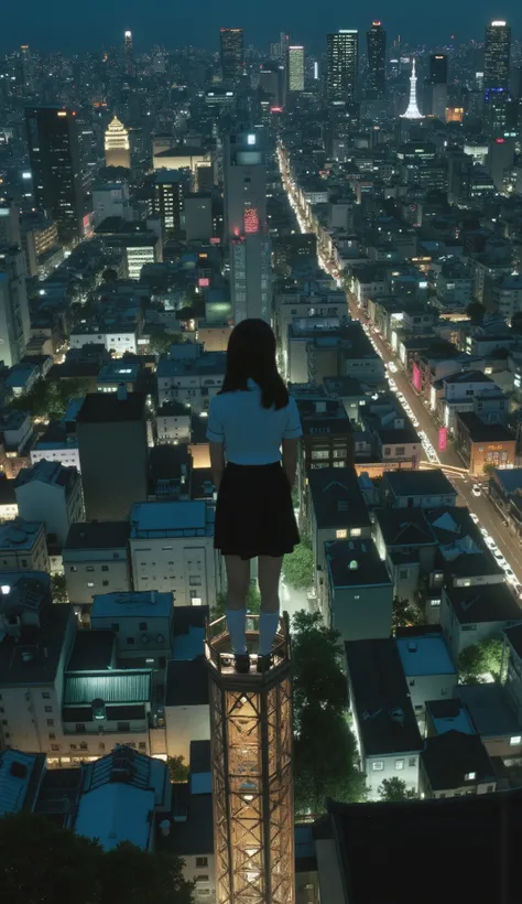 live-action、Genuine、 The cityscape of Osaka taken from a high place with a fisheye lens、It looks like a small planet、Osaka Castle、Night view with lights、A cute and beautiful Japanese girl is standing on top of a tower 、uniform、 viewers