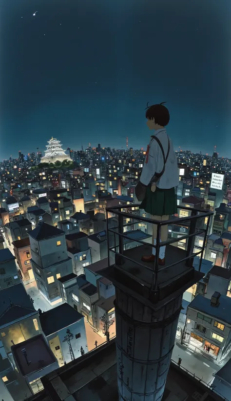 live-action、Genuine、 The cityscape of Osaka taken from a high place with a fisheye lens、It looks like a small planet、Osaka Castle、Night view with lights、A cute and beautiful Japanese girl is standing on top of a tower 、uniform、 viewers、illustration style