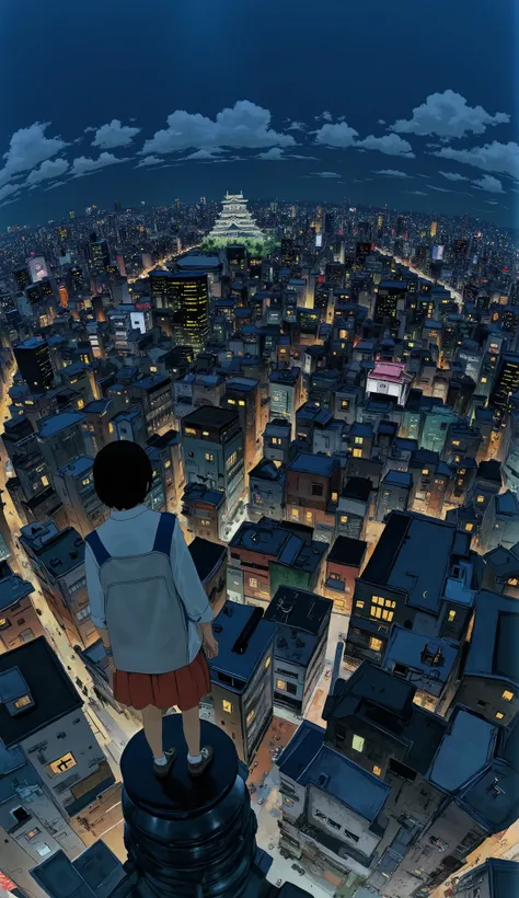 live-action、Genuine、 The cityscape of Osaka taken from a high place with a fisheye lens、It looks like a small planet、Osaka Castle、Night view with lights、A cute and beautiful Japanese girl is standing on top of a tower 、uniform、 viewers、illustration style