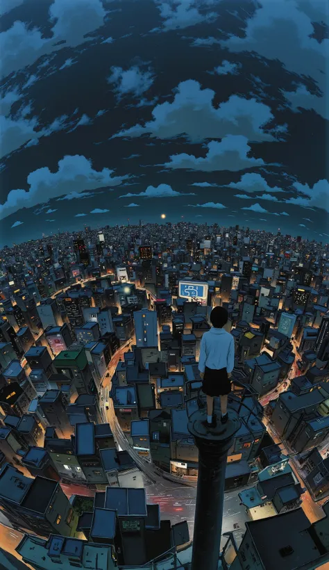 live-action、Genuine、 The cityscape of Osaka taken from a high place with a fisheye lens、It looks like a small planet、Osaka Castle、Night view with lights、A cute and beautiful Japanese girl is standing on top of a tower 、uniform、 viewers、illustration style
