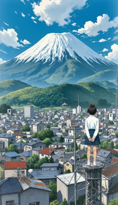 live-action、Genuine、  The cityscape of Toyama City taken from a height with a fisheye lens、It looks like a small planet、 Tateyama mountain range   、A cute and beautiful Japanese girl is standing on top of a tower 、uniform、 viewers