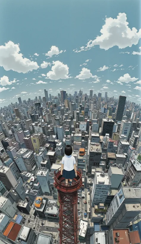 live-action、Genuine、  that looks like a small planet、The cityscape of Tokyo taken with a fisheye lens from a height、A cute and beautiful Japanese girl is standing on top of a tower 、uniform、 viewers、illustration style

