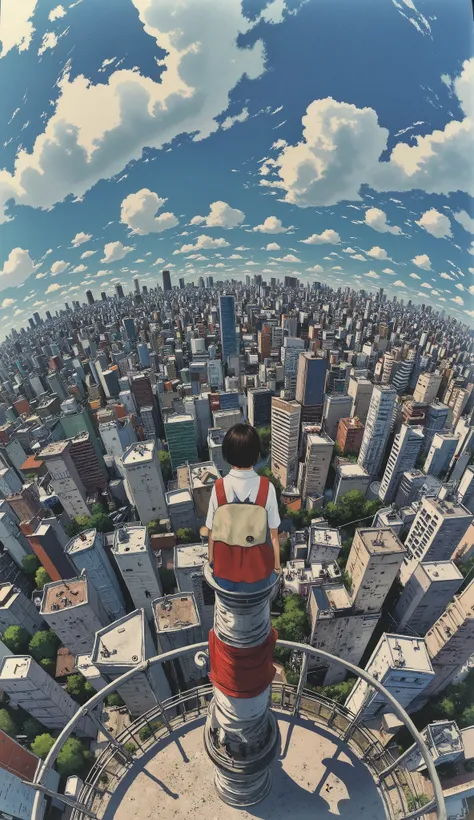 live-action、Genuine、  that looks like a small planet、The cityscape of Tokyo taken with a fisheye lens from a height、A cute and beautiful Japanese girl is standing on top of a tower 、uniform、 viewers、illustration style
