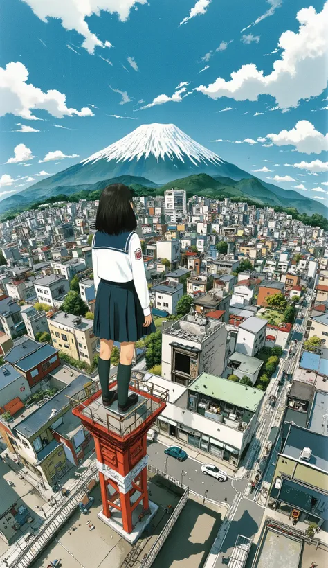 live-action、Genuine、 The cityscape of Toyama City taken from a height with a fisheye lens、It looks like a small planet、 Tateyama mountain range  、A cute and beautiful Japanese girl is standing on top of a tower 、uniform、 viewers、illustration style、