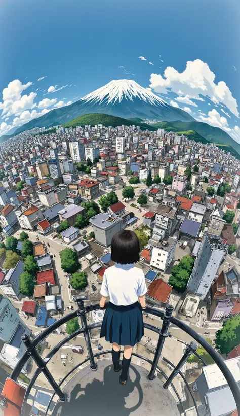 live-action、Genuine、 The cityscape of Toyama City taken from a height with a fisheye lens、It looks like a small planet、 Tateyama mountain range 、A cute and beautiful Japanese girl is standing on top of a tower 、uniform、 viewers、illustration style、