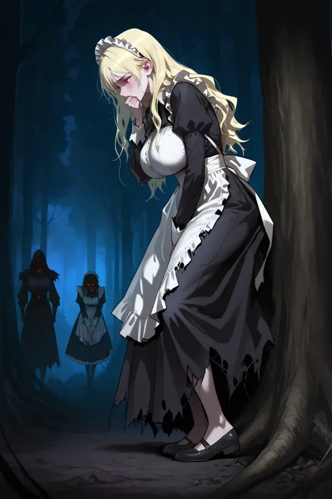1 female, full body, wavy long blonde hair, dark red pupils, crying, terrified expression, red pupils, thick blonde eyelashes, detailed eyes, big breasts, round breasts, beautiful, perfect face, sexy curves, perfect body, gorgeous face, perfect body, femin...