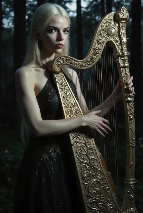 incredibly beautiful elf girl plays a luxurious harp at night in the forest, she is naked, open armpits, open sides of the waist, open sides of the hips and slender legs, the neckline of the dress goes down almost to the navel and exposes the Linea alba of...
