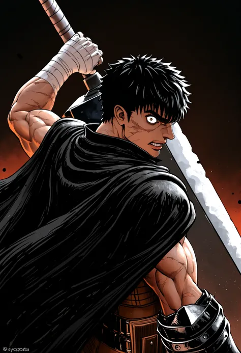 very far away view, Masterpiece, High resolution, Absurds, The newest, mid-side view, 1 , \(berserk\),capa negra,black cloak on the back,armadura leather,blade belt,leather,bandages on the hand,metallic arm,metal prosthesis, Muscular, looking at the viewer...