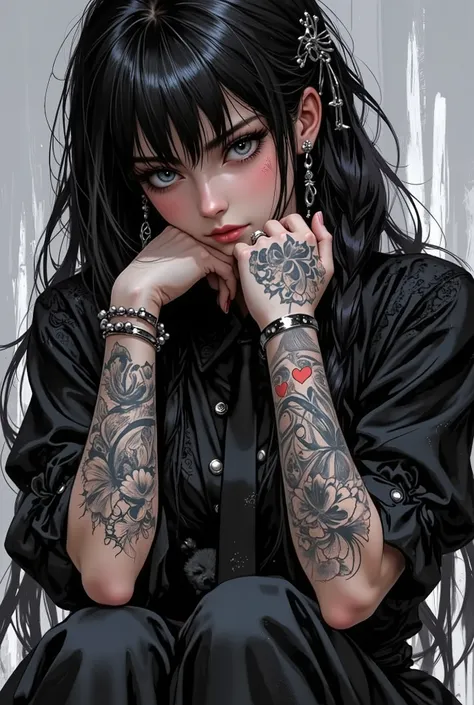 Manga style:1.5, Close-up of a young woman with tattoos on her arms and left cheek, bangs up to her eyebrows , light eyes, her head tilted slightly downwards , looking at the camera , boucles sur les côtés de sa tête , wears long hair with braids Car...