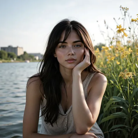 A contemplative young woman sits quietly at the rocky edge of a shallow river, dressed in a soft oversized light blue denim jacket. Her long, natural dark hair flows gently with the breeze, soft bangs lightly brushing her cheeks. Her eyes are closed, resti...