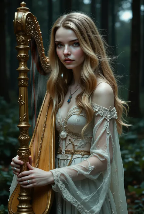 close up portrait, incredibly beautiful elf girl plays a luxurious harp at night in the forest, she is wearing a see-through white lace dress with gold floral patterns, open armpits, open sides of the waist, open sides of the hips and slender legs, the nec...