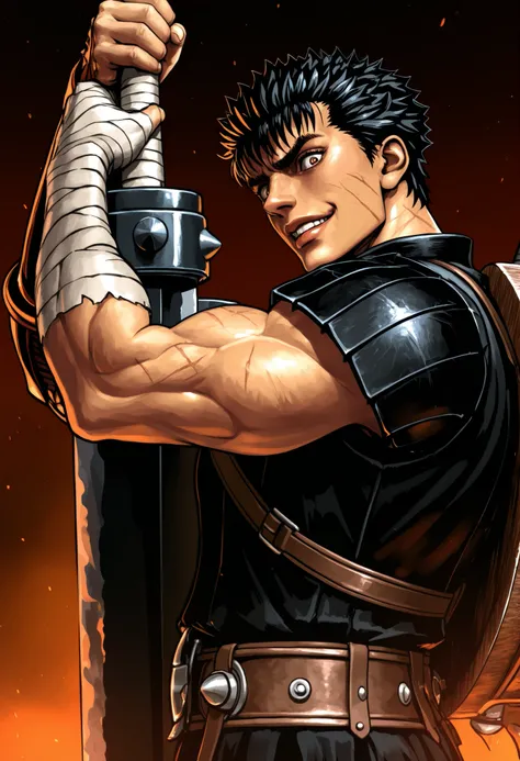 very far away view, Masterpiece, High resolution, Absurds, The newest, mid-side view, 1 , \(berserk\),capa negra,Black tunic on the back,armadura leather,blade belt,leather,bandages on the hand,metallic arm,metal prosthesis, Muscular, looking at the viewer...