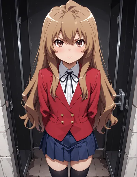 tagai,, aisaka_taiga, masterpiece, best_quality, 1girl, brown_eyes, brown_hair, long_hair, flat_chest, pleated_skirt, blue_skirt, white_shirt, collared_shirt, black_thighhighs, black_ribbon, neck_ribbon, jacket, red_jacket, pout