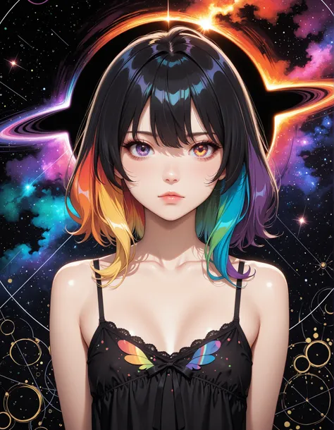 anime, (absurdres, highres), (high quality, best quality), (masterpiece:0.5), rating_questionable, girl, multicolored hair, looking at viewer, heterochromia, camisole, (rainbow colors, abstract background, fractal, nebula, black hole:1.2)