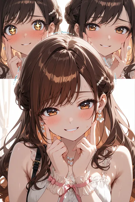 ultra high resolution, 4k, 8k, HQ anime
,(((half-up hairstyle, curled ends, voluminous hair, softly swept bangs, cinnamon brown hair color, warm tone, soft lighting, feminine style))),{{{大きな胸}}}, sweet girly girl, romantic date outfit, soft natural makeup,...