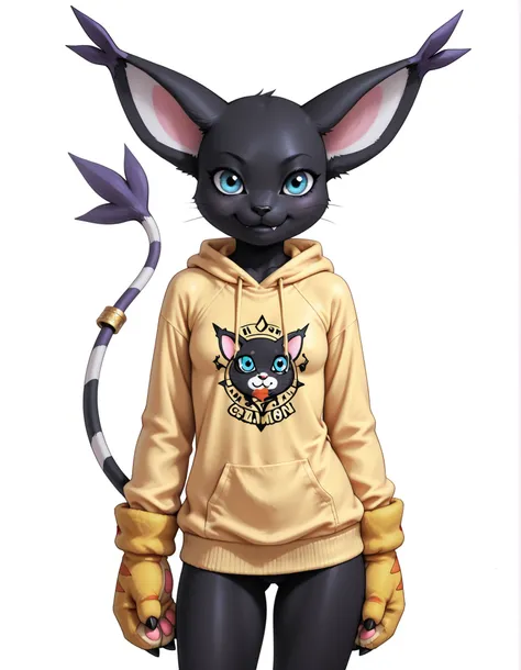 gatomon black, wild, (digimon), solo, alone, looking at viewer, blue eyes, black fur, striped tail, gloves, paw shaped gloves, paw pads,, digital_media_(artwork) hi_res, beautiful, anthropomorphic, furry, female, slim, slender, small breasts, cute, big swe...