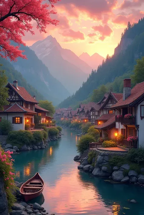 , a small riverside village，The background is mountains，Flowers bloom，Vivid colors，Detailed scenery，Beautiful natural landscape，Ambiance Lighting，Scorching sunset，a warm color palette，utility，utility摄影，Delicate leaves，Complex architecture ， cobblestone str...