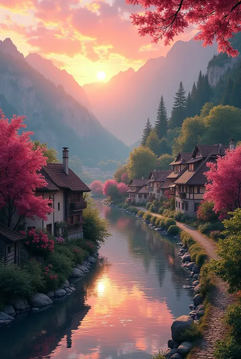 , a small riverside village,The background is mountains,Flowers bloom,Vivid colors,Detailed scenery,Beautiful natural landscape,Ambiance Lighting,Scorching sunset,a warm color palette,utility,utility摄影,Delicate leaves,Complex architecture , cobblestone str...