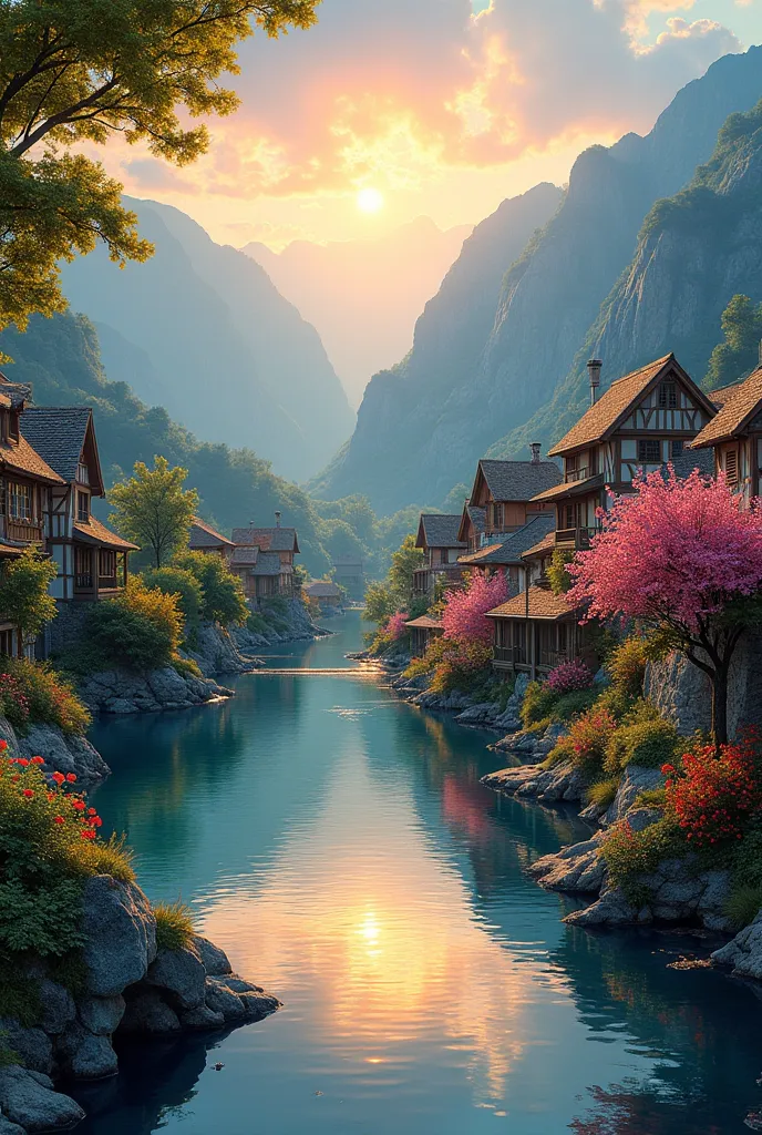 , a small riverside village,The background is mountains,Flowers bloom,Vivid colors,Detailed scenery,Beautiful natural landscape,Ambiance Lighting,Scorching sunset,a warm color palette,utility,utility摄影,Delicate leaves,Complex architecture , cobblestone str...