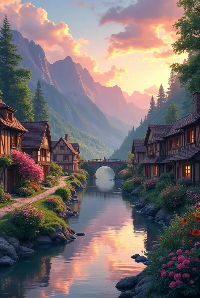 , a small riverside village,The background is mountains,Flowers bloom,Vivid colors,Detailed scenery,Beautiful natural landscape,Ambiance Lighting,Scorching sunset,a warm color palette,utility,utility摄影,Delicate leaves,Complex architecture , cobblestone str...