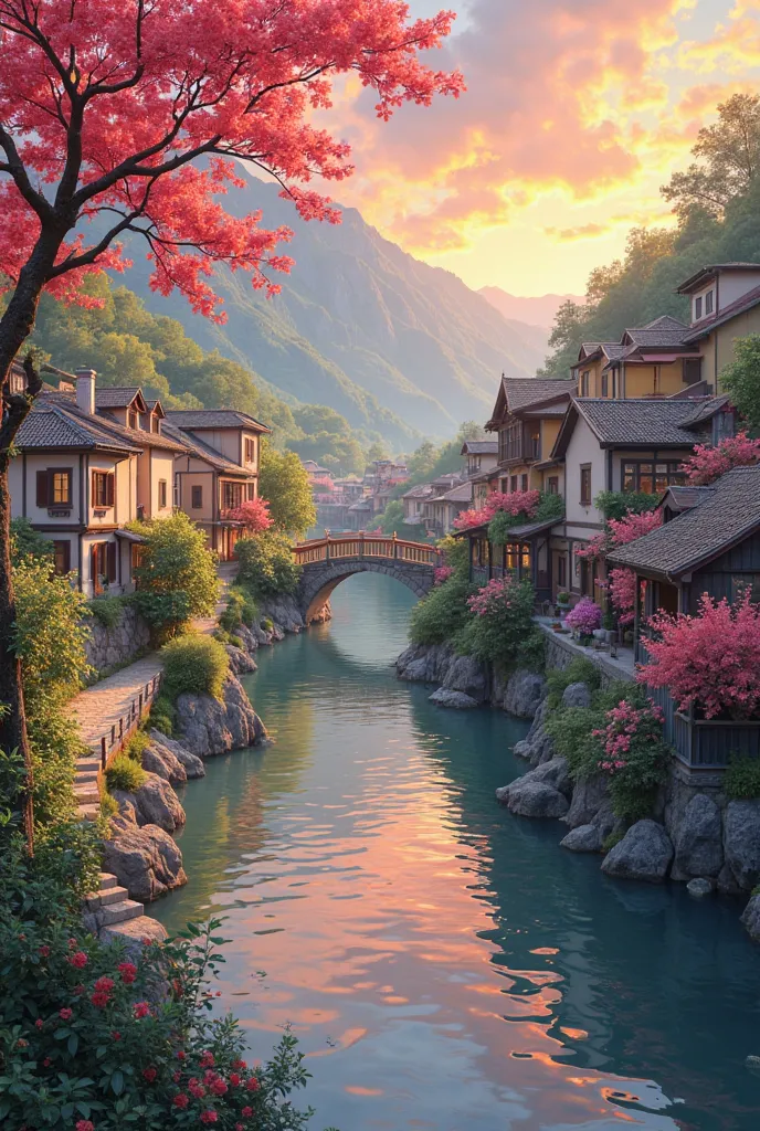 , a small riverside village,The background is mountains,Flowers bloom,Vivid colors,Detailed scenery,Beautiful natural landscape,Ambiance Lighting,Scorching sunset,a warm color palette,utility,utility摄影,Delicate leaves,Complex architecture , cobblestone str...