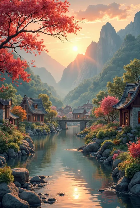 , a small riverside village,The background is mountains,Flowers bloom,Vivid colors,Detailed scenery,Beautiful natural landscape,Ambiance Lighting,Scorching sunset,a warm color palette,utility,utility摄影,Delicate leaves,Complex architecture , cobblestone str...
