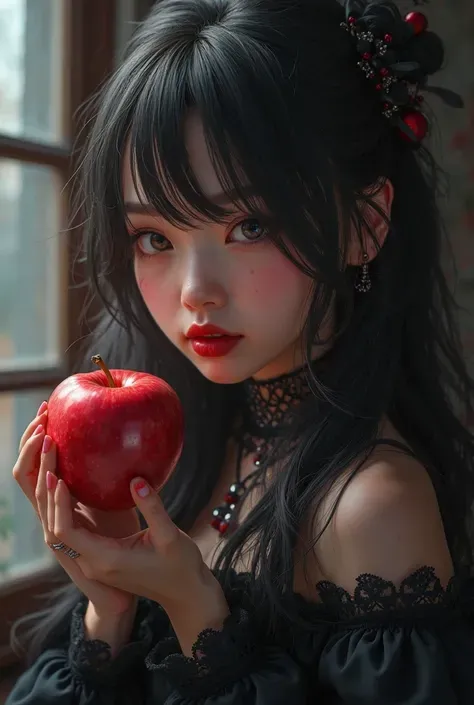 ((RAW photos)，Absurd ，(Absurd 分辨率))，masterpiece，Best quality，(extremely detailed 8k unity CG wallpaper)，(Most Best Illustration)，(BEST SHADOW)，Realistic lighting，Beautiful and detailed brilliance ，((21yo))，girl，longblackhair，Black Queen，accessories，Hold an...