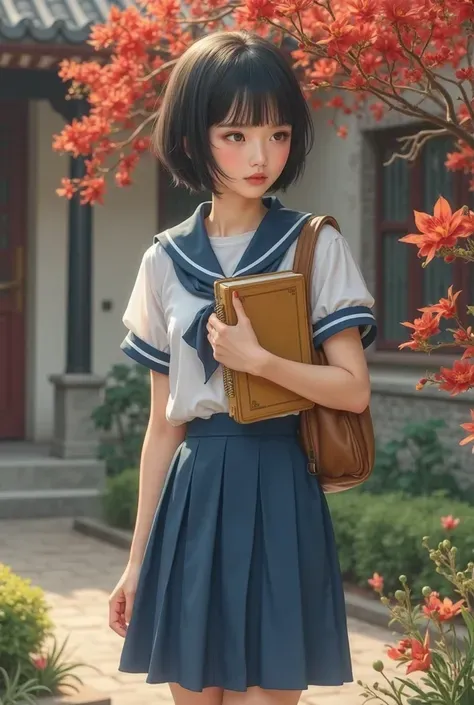 The picture style is exquisite and realistic，focusing on color matching and lighting effects。The subject is a stylish female student，Short-haired black hair， fair skin ， pretty face，Wearing a blue-and-white school uniform，White top，Blue Skirt，Wear black cl...