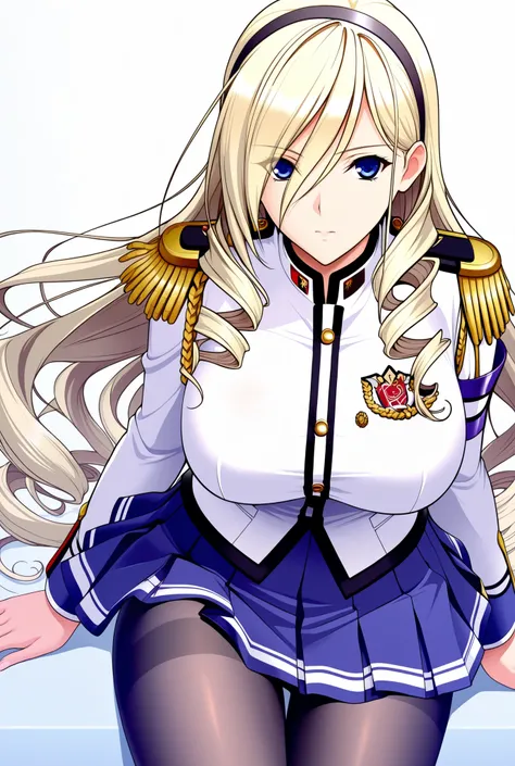(最高品質)(最高画質)celia kumani entory, walkure romanze, drill hair, blue eyes, long hair, blonde hair, black hairband, twin drills, epaulettes, thighband pantyhose, taut shirt, miniskirt, solo, cowboy shot,