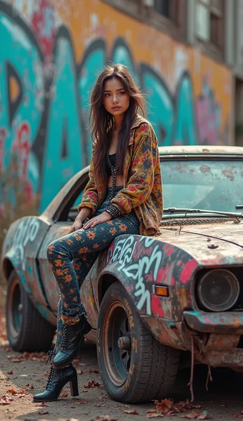 A girl, spray can in hand, wearing a badass outfit, sits cross-legged on a wrecked car covered in graffiti, with a graffiti-covered wall in the background. In this cinematic shot, the camera captures a stunning side view, tires squealing as it turns, immersed in a kaleidoscope of colors that leap from the frame. Bursting with ultra-realistic detail and highly saturated hues, this UHD 4K masterpiece renders every detail with breathtaking clarity. Wide-angle shots, Ultra HD digital art, dynamic perspective, detailed reflections, and ultra-realistic textures