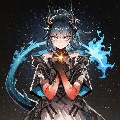 sozinho, 1 menino, personagem jovem, Character with height of Nian de "arknights", The character is male, jovem,
black horns like Reed The Flame Shadow of "arknights", black tail like Reed The Flame Shadow of "arknights" (but with blue flame at the tip);
...