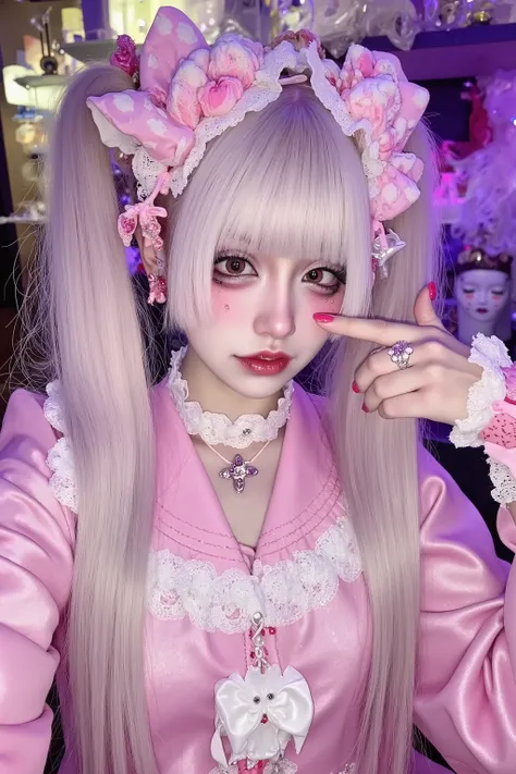 1 japanese girl,decora,beautiful and cute face,smile,heavy makeup,long hair,bangs, face shot,jojo pose,pop and goth fashion,fashion portrait,artist photoshoot,takashi murakami artstyle decora background,dramatic lighting