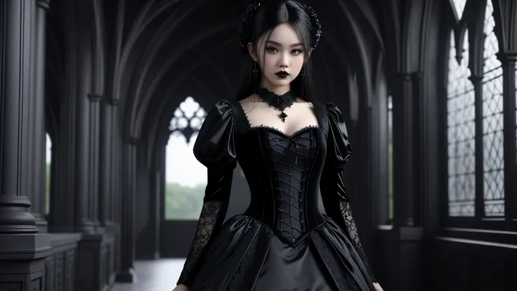 beautiful asian gothic girl wearing Gothic dress in a goth setting background, beautiful detailed, high resolution, 32K, realistic rendering, (Masterpiece, Hi-res: 1. 2), ultra-realistic details, High Definition, Accurate, top quality, High Definition mod...