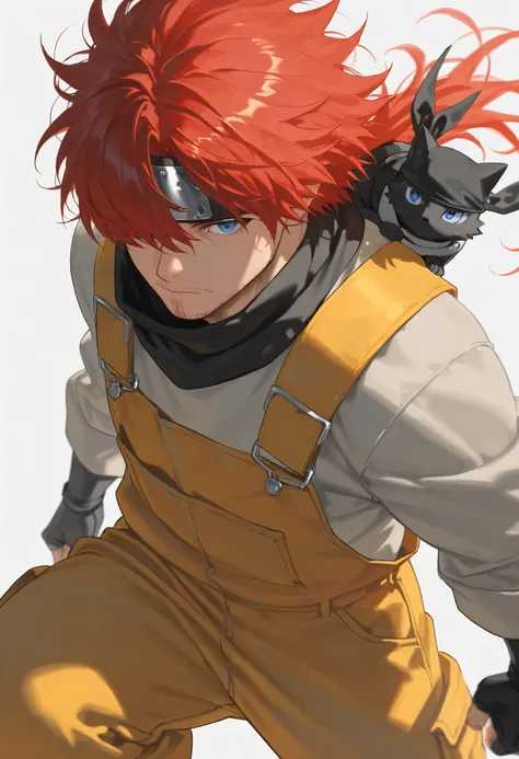 score_9, score_8_above, score_7_above, score_6_above, \(quality\), 1male, long red hair, tied tuck, fluffy hair, hair over eye, blue eyes, taller frame, mature male, wearing a orange and yellow overalls, oversized baggy pants, ninja bandana on the shoulder...