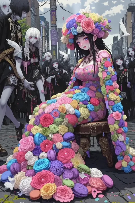 Abandoned, ruined, gray Harajuku street, apocalyptic atmosphere, monochrome background. Crepuscular rays streaming down from the clouds. sitting Beautiful huge breast woman in a gigantic, low-cut, trailing Decora-style dress and huge flower hat, both made ...