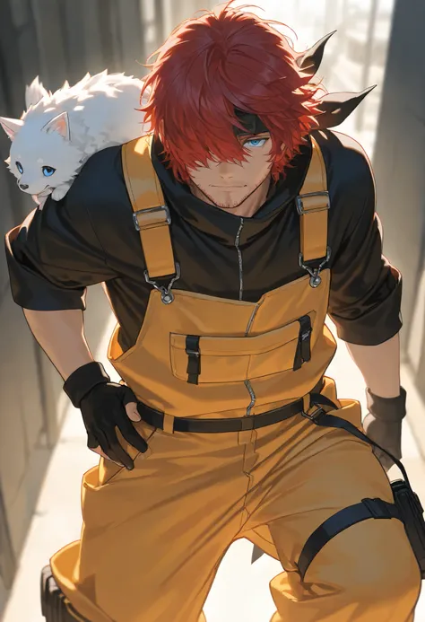 score_9, score_8_above, score_7_above, score_6_above, \(quality\), 1male, long red hair, tied tuck, fluffy hair, hair over eye, blue eyes, taller frame, mature male, wearing a orange and yellow overalls, oversized baggy pants, ninja bandana on the shoulder...
