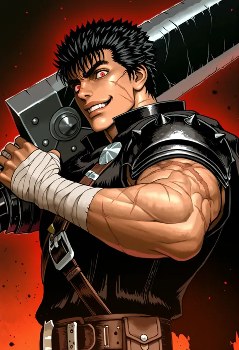 very far away view, Masterpiece, High resolution, Absurds, The newest, mid-side view, 1 , \(berserk\),capa negra,Black tunic on the back,armadura leather,blade belt,leather,bandages on the hand,metallic arm,metal prosthesis, Muscular, looking at the viewer...