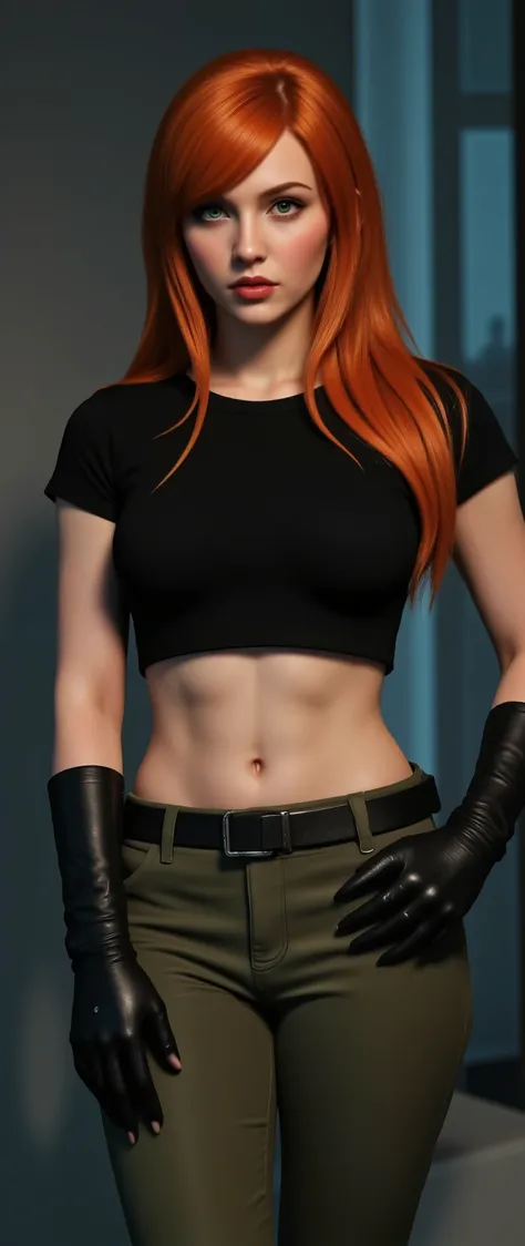 1girl, fair skin, long orange hairs, side bangs, bright green eyes, red lips, tight black T-shirt, midriff, navel, huge breasts, black hand gloves, olive color cargo pants, sexy pose, dramatic light,