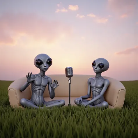 A photorealistic image of two gray-skinned aliens with large, dark eyes sitting on a light beige, rounded couch in a grassy field. The aliens are positioned far apart from each other on the couch and have different postures; one is leaning back with their ...