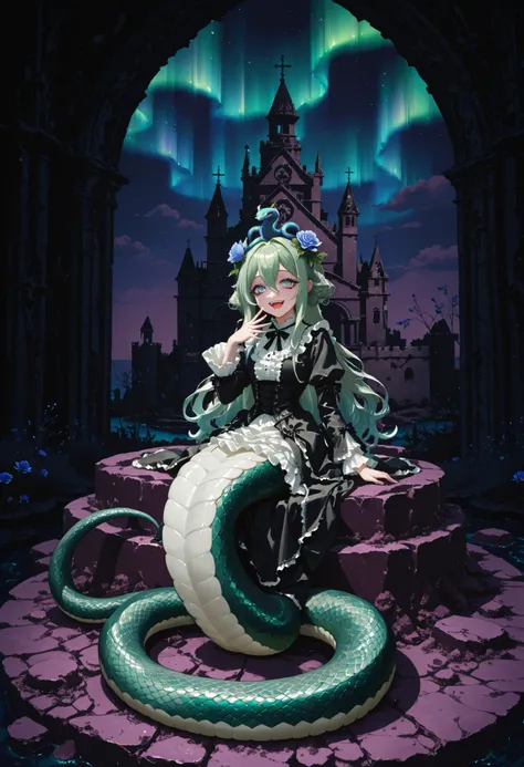 Lamia style girl. Green hair. Medium length hair. Big eyes. Aurora eyes. Laughing. Blue flower on her head. Gothic ta dress. Black costume. White frills. Lavender colored snake body. Undersea background. Sitting on a fortress. Church-style castle. Ruins. U...