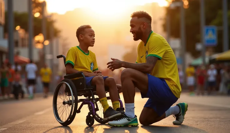 Neymar Jr kneeling beside a Brazilian boy in a wheelchair on a Rio de Janeiro street, sunset lighting, emotional expression, crowd blurred in background, football stadium visible in distance, cinematic style, hyper-realistic details