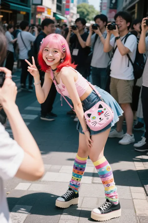 masterpiece , best quality, ultra-detailed, 1girl, solo, full body image, front view, young girl, harajuko fashion, cat bag, stickers on face, pink and red gradient hair, platform sneakers, long multi-patterned socks, skirt/shorts, big smile, posing for a picture, peace sign, leaning forward, some tourists taking photos, view from the back of a tourists shoulder