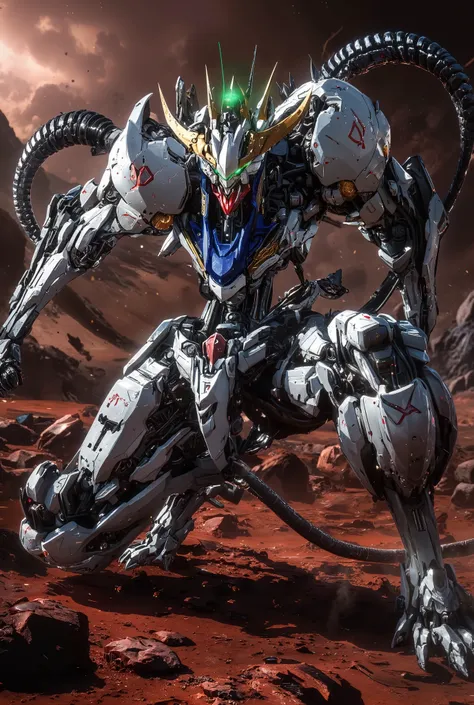 Robot Like Gundam Barbatos ,high-resolution photorealistic detailed depiction3D rendering style ,hyperrealism art,mechanical details of Gundam Barbatos' face,Accurate Proportions of Gundam Barbatos,accurate shiny white armor and、red, Blue, Gold Accents. g...
