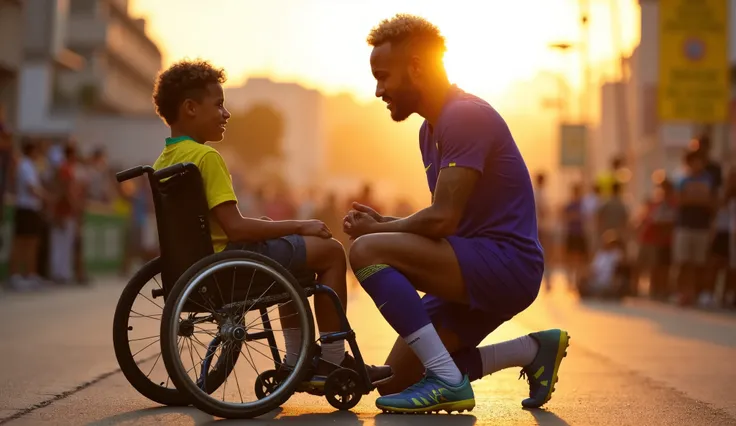 Neymar Jr kneeling beside a Brazilian boy in a wheelchair on a Rio de Janeiro street, sunset lighting, emotional expression, crowd blurred in background, football stadium visible in distance, cinematic style, hyper-realistic details
