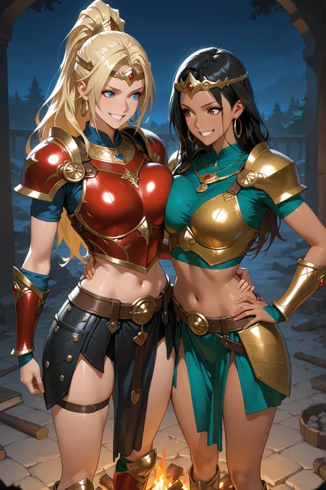 masterpiece, good quality, best quality, absurdres, highres, 2girls, looking at each other, asymmetrical docking, breast press, above waist view, posing with both hands on own waist, grin, night, single campfire background, thigh strap, BREAK, BREAK, src, ...