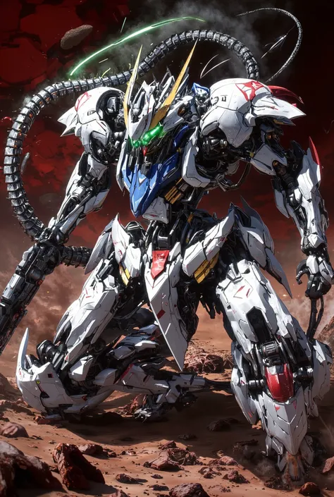 Robot Like Gundam Barbatos ,high-resolution photorealistic detailed depiction3D rendering style ,hyperrealism art,mechanical details of Gundam Barbatos' face,Accurate Proportions of Gundam Barbatos,accurate shiny white armor and、red, Blue, Gold Accents. g...
