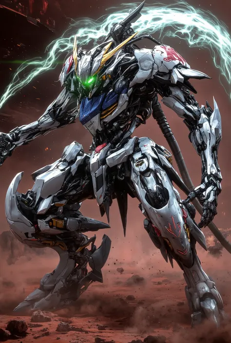 Robot Like Gundam Barbatos ,high-resolution photorealistic detailed depiction3D rendering style ,hyperrealism art,mechanical details of Gundam Barbatos' face,Accurate Proportions of Gundam Barbatos,accurate shiny white armor and、red, Blue, Gold Accents. g...