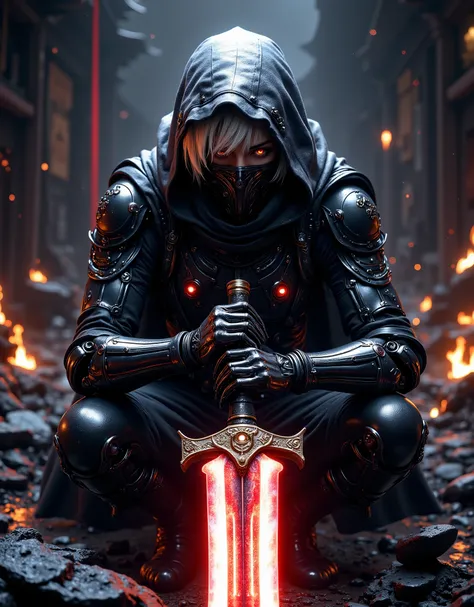 (masterpiece:1.2, Highest quality,High resolution,Super detailed),8k,wallpaper,(Very detailed),(Armored Core Style),1 female,Silver Hair,Short Hair,(Assassination Squad Ninja),(Black Ninja Robot Armor),(black-hooded-cloak,mask),(The background is dark:2.0)...