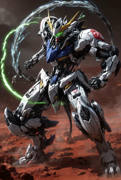 Robot Like Gundam Barbatos ,high-resolution photorealistic detailed depiction3D rendering style ,hyperrealism art,mechanical details of Gundam Barbatos' face,Accurate Proportions of Gundam Barbatos,accurate shiny white armor and、red, Blue, Gold Accents. g...